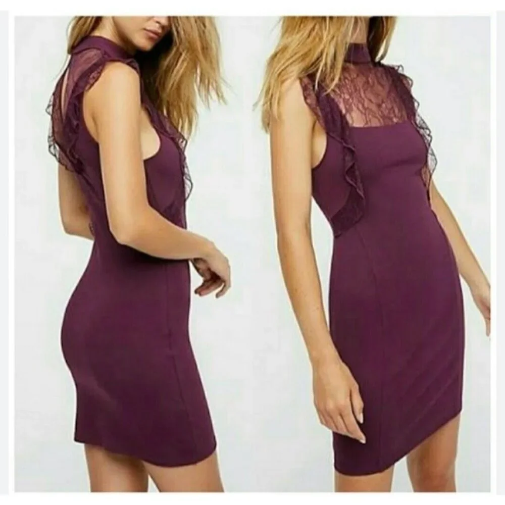 Free People Beaumont Muse Lace Detail Women's Mini Bodycon Dress‎ Size S Purple